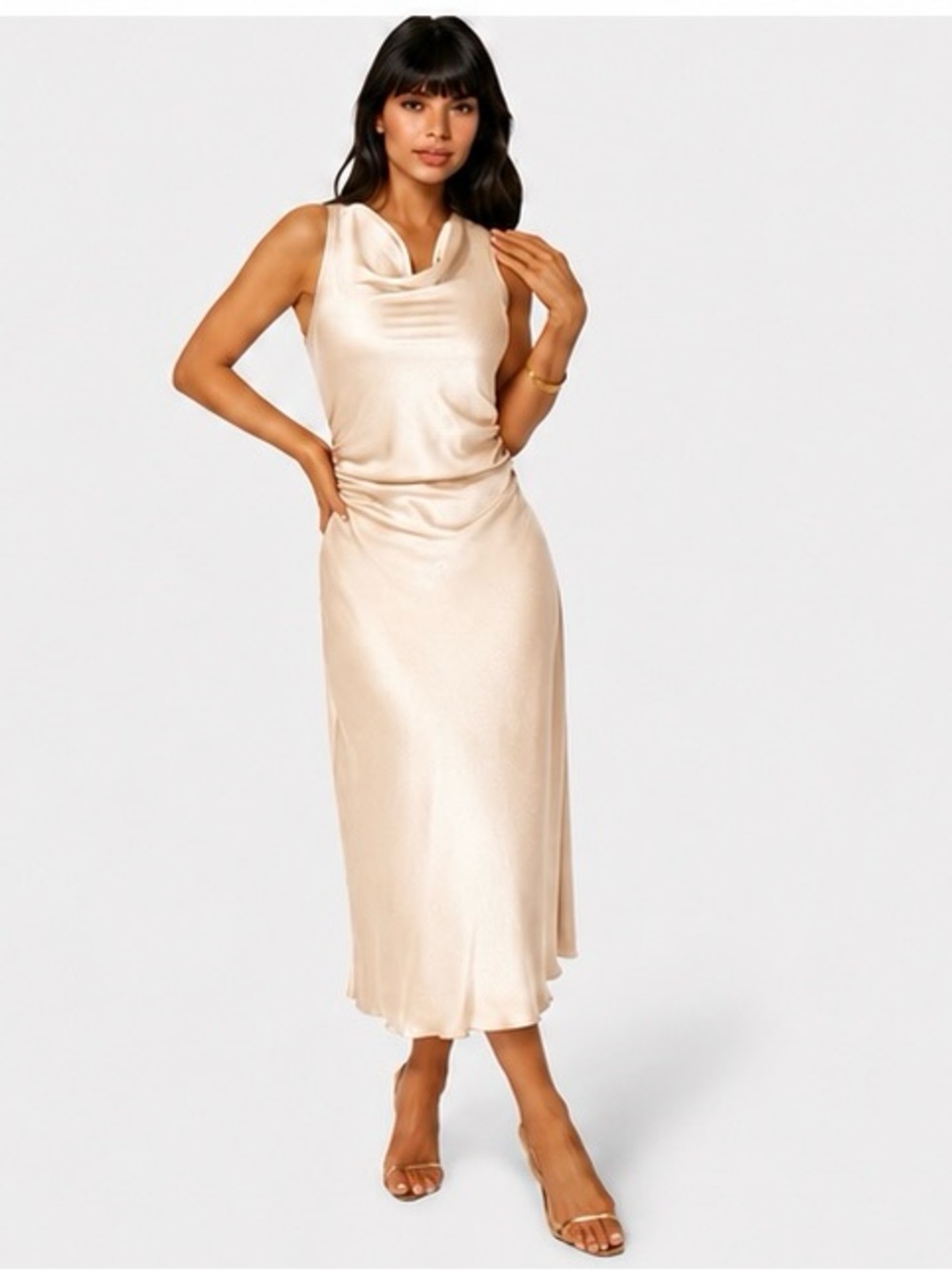Bebe Champagne Crepe Satin Cowl Maxi Dress NWT